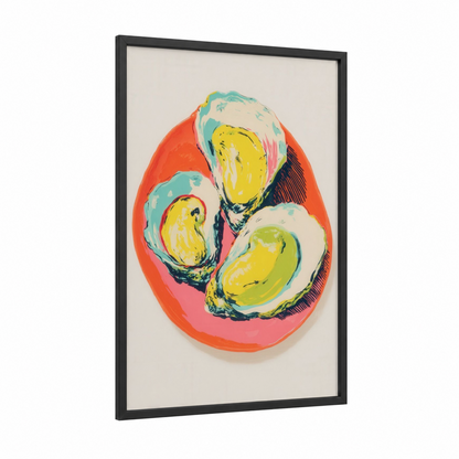 Vibrant Oysters framed art print — black wood frame — yellow gold and red palette