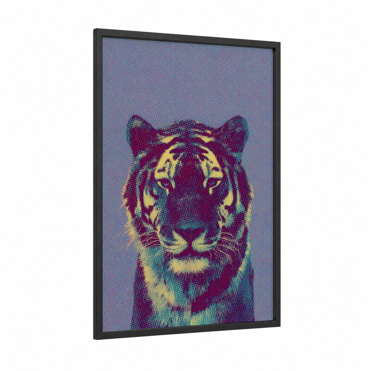 Neon Tiger Portrait framed art print — black wood frame — magenta and yellow gold palette