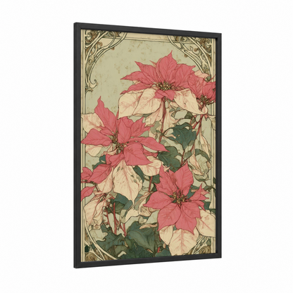 Festive Poinsettia framed poinsettias print — black wood frame — red and cream palette