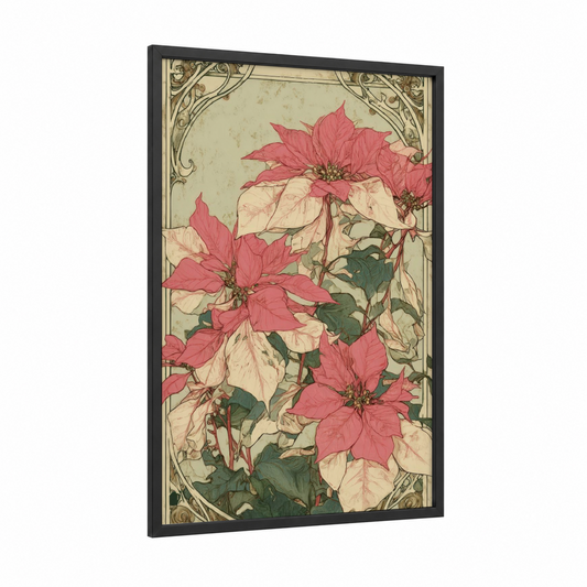Festive Poinsettia framed poinsettias print — black wood frame — red and cream palette