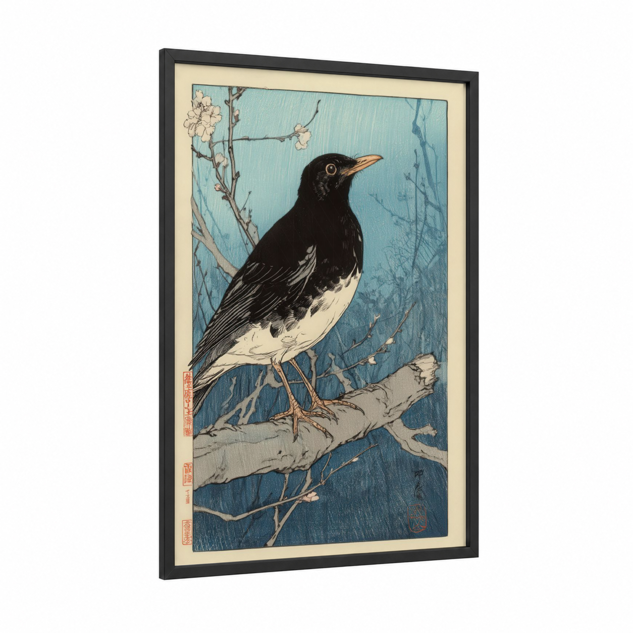 Blackbird Perch framed thrush print — black wood frame — blue and cream palette