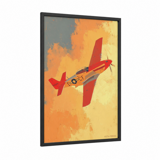 Vintage Military Trainer framed military plane print — black wood frame — yellow gold and red palette