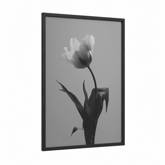 Monochrome Tulip framed art print — black wood frame — black and white and gray palette