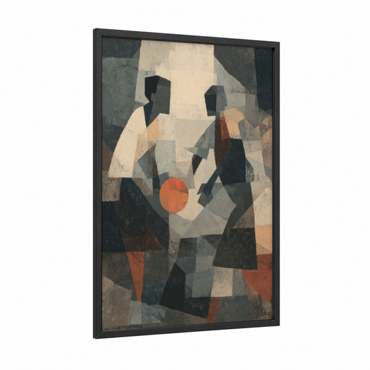 Abstract Basketball framed art print — black wood frame — gray and black and white palette
