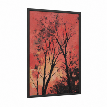 Crimson Birch Trees framed art print — black wood frame — red and gold palette