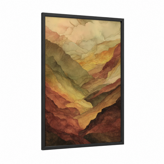 Misty Canyon framed art print — black wood frame — gold and white and russet palette