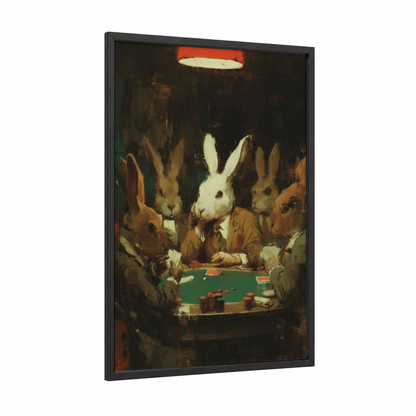 Poker Rabbits framed art print — black wood frame — brown and gold palette