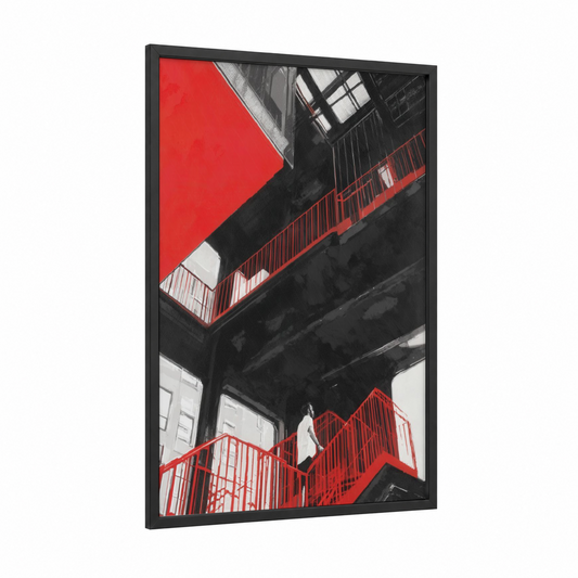 Crimson Stairwell framed abstract architecture print — black wood frame — red and black and white palette