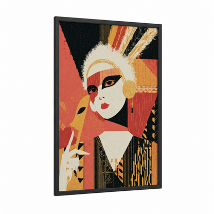 Golden Masquerade framed mardi gras print — black wood frame — gold and red palette