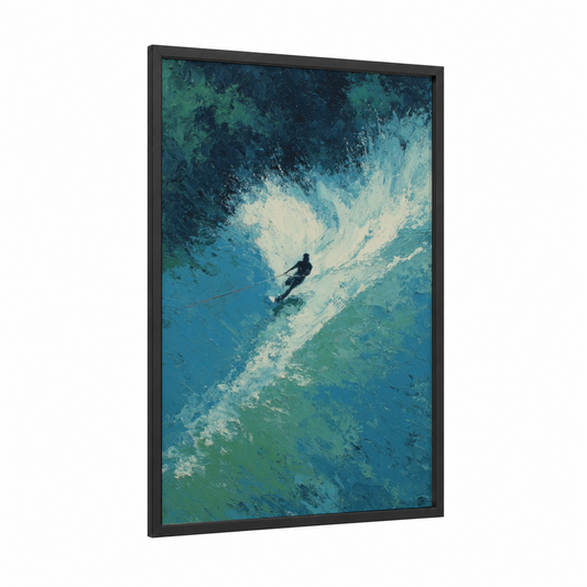 Aerial Wakeboarder framed wakeboarding print — black wood frame — turquoise and blue palette