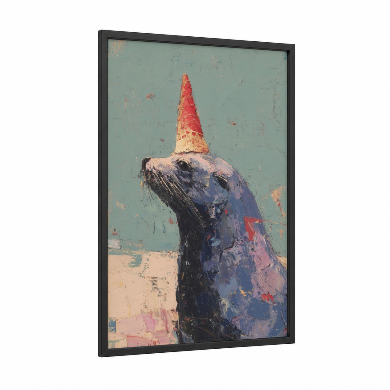 Playful Sea Lion framed art print — black wood frame — blue palette