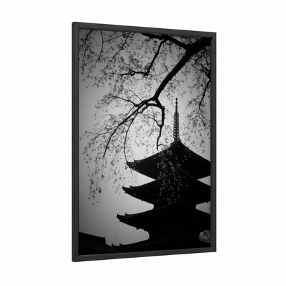 Temple Blossoms framed cherry blossoms print — black wood frame — black and white palette