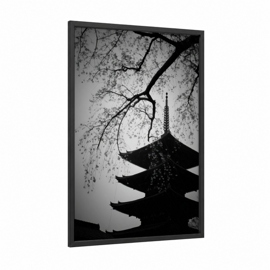 Temple Blossoms framed cherry blossoms print — black wood frame — black and white palette