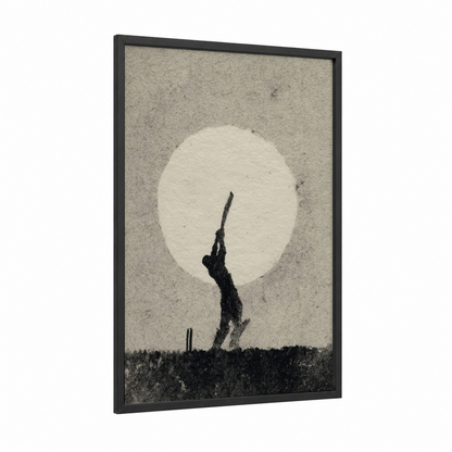 Moonlit Batter framed cricket print — black wood frame — black and white and cream palette