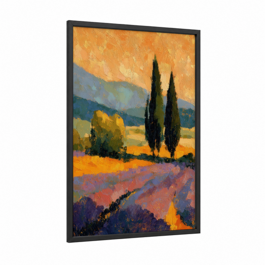 Tuscan Lavender Sunset framed lavender field print — black wood frame — orange and purple palette