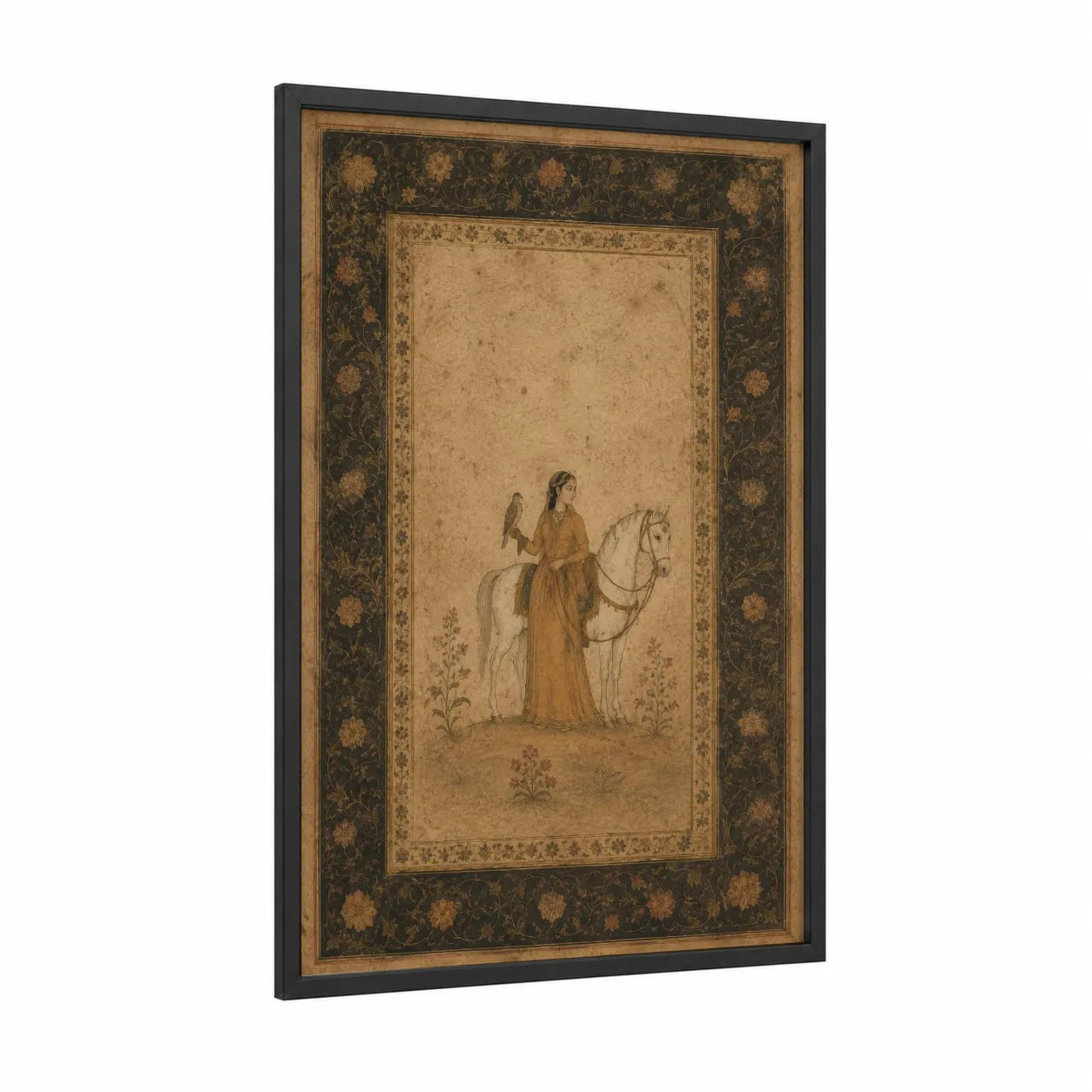Persian Equestrian Portrait Wall Art framed horse print — black wood frame — beige and brown palette