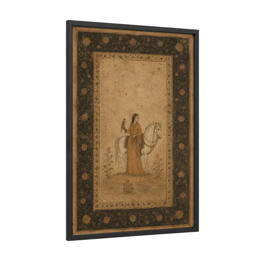 Persian Equestrian Portrait Wall Art framed horse print — black wood frame — beige and brown palette