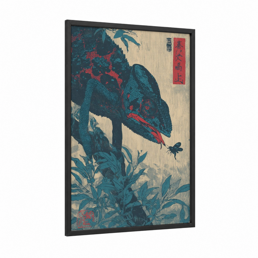 Ruby Chameleon framed art print — black wood frame — teal and red palette