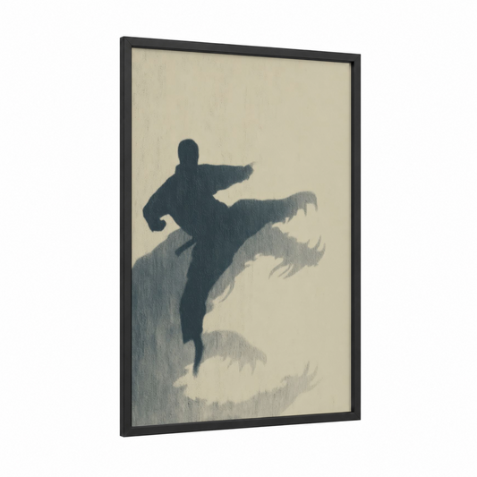 Dynamic Kick Silhouette framed taekwondo print — black wood frame — cream and dark blue palette