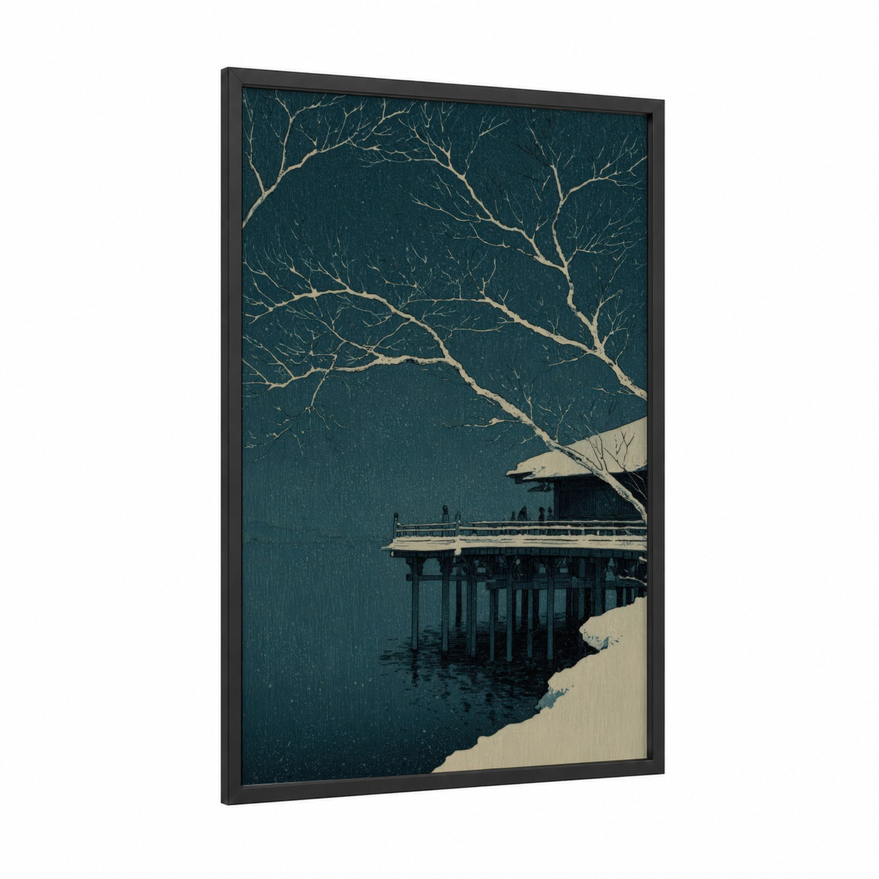 Snowy Pier framed docks and piers print — black wood frame — dark blue and cream palette
