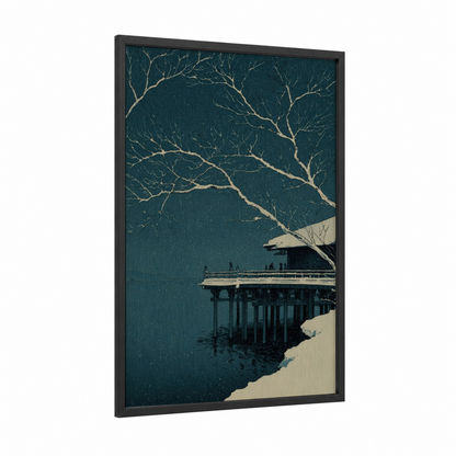 Snowy Pier framed docks and piers print — black wood frame — dark blue and cream palette
