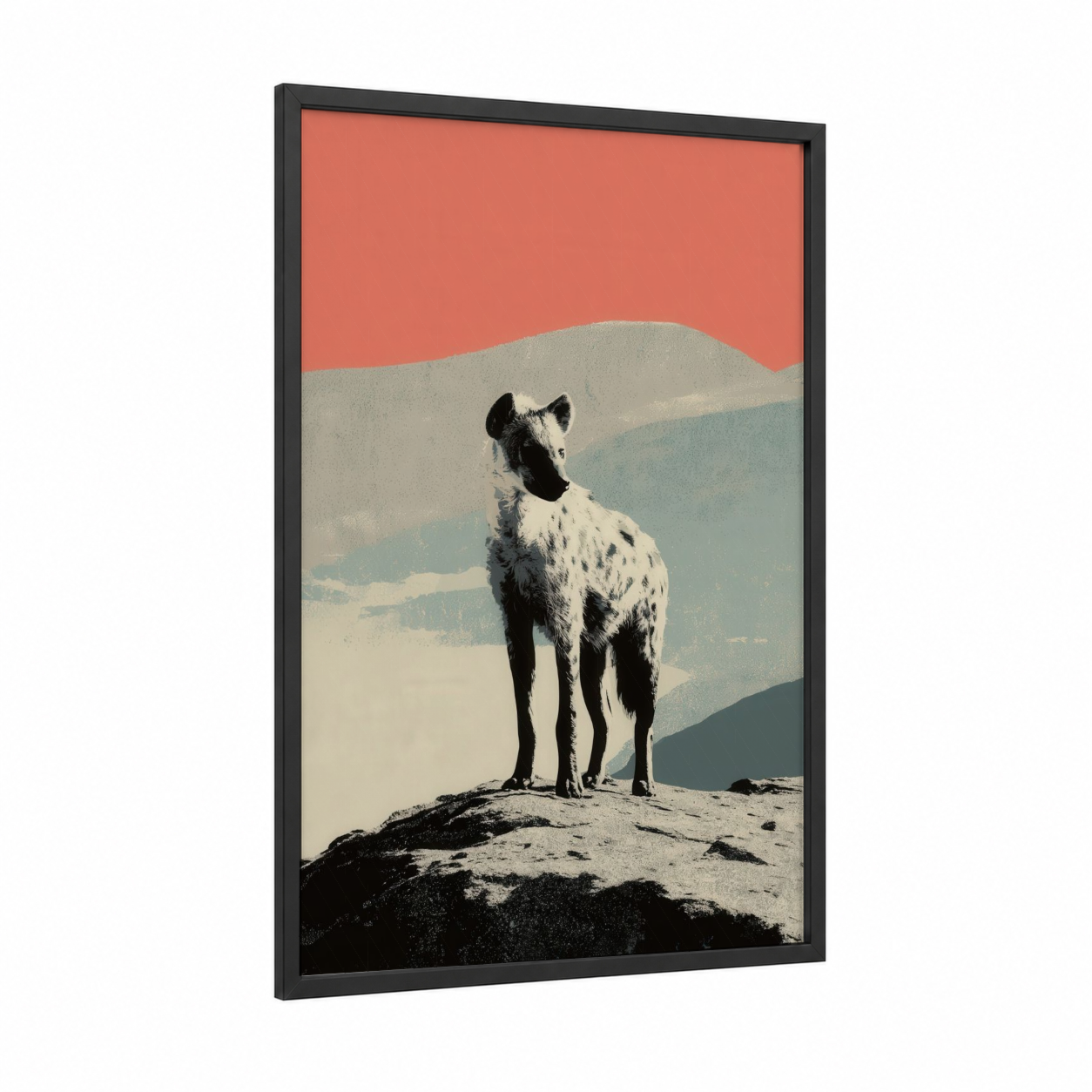 Desert Hyena framed art print — black wood frame — peach and dove gray palette