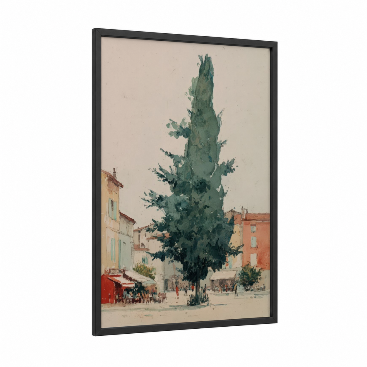 Mediterranean Cypress framed cypress tree print — black wood frame — sage green and cream palette