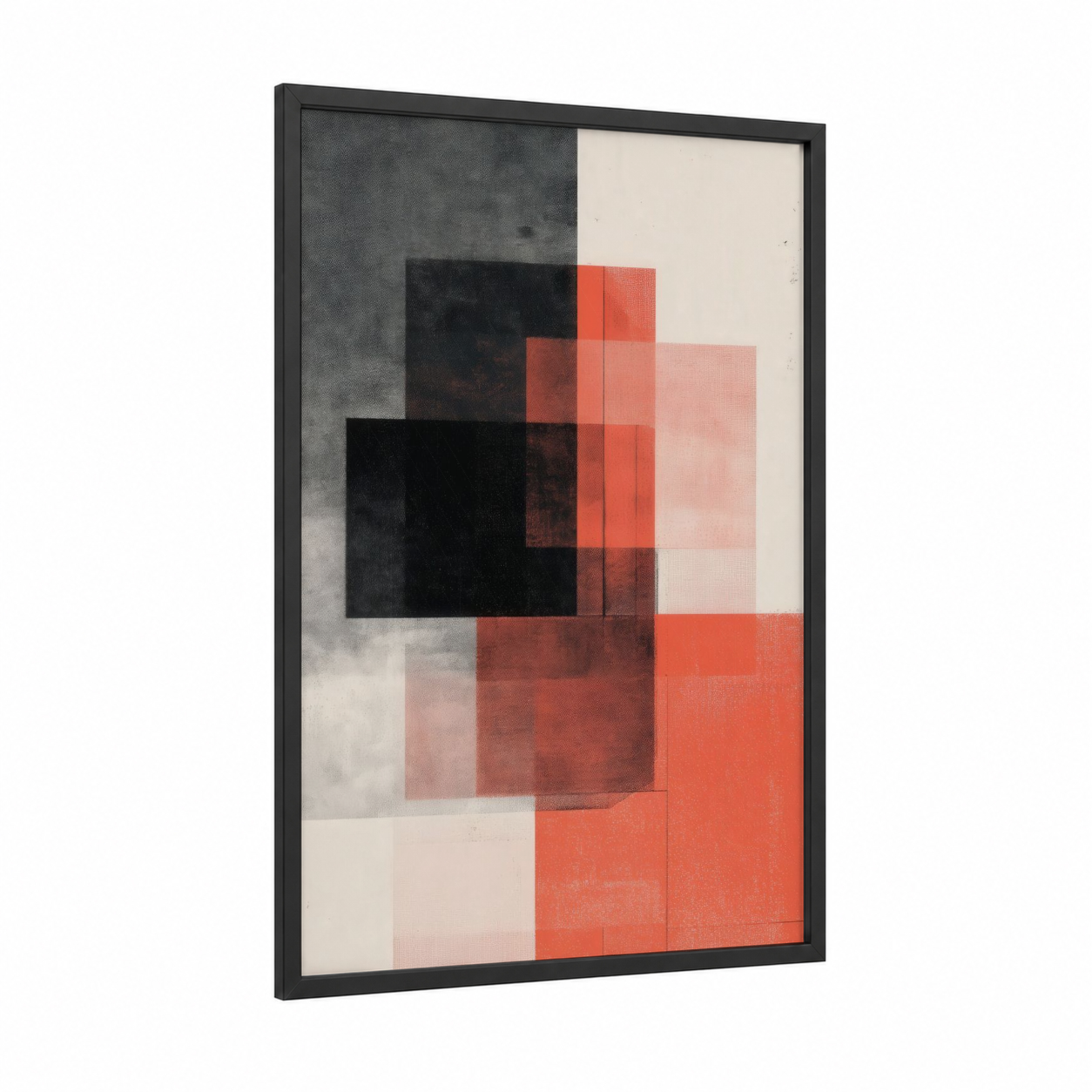 Coral Gradient Blocks framed abstract geometric print — black wood frame — black and red and salmon pink palette