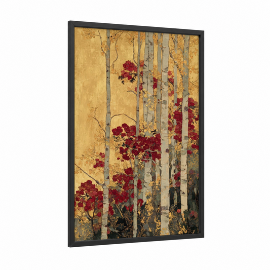 Crimson Birch Forest framed birch tree print — black wood frame — gold and maroon palette