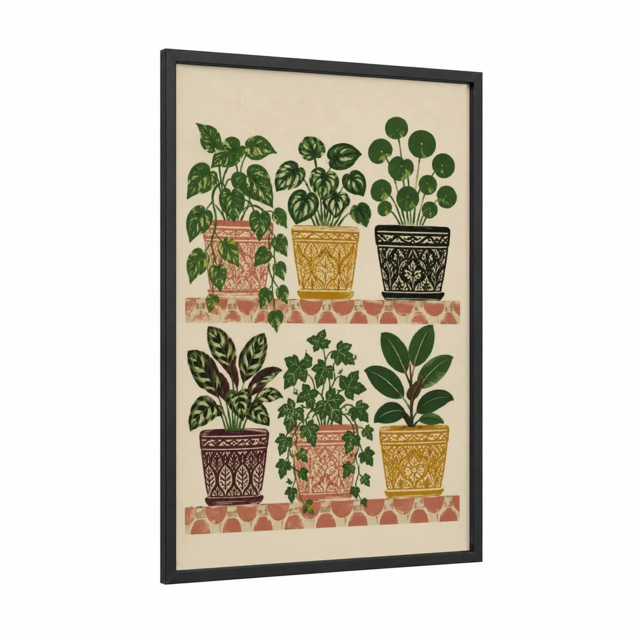Potted Indoor Plants Wall Art framed art print — black wood frame — green and beige palette