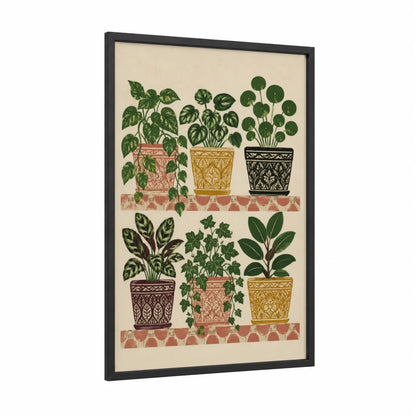 Potted Indoor Plants Wall Art framed art print — black wood frame — green and beige palette