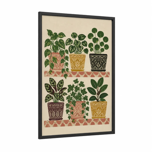Potted Indoor Plants Wall Art framed art print — black wood frame — green and beige palette