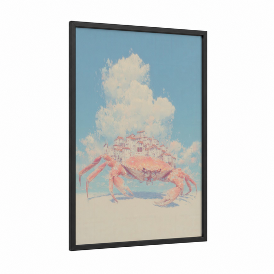 Castle Crab framed art print — black wood frame — blue and white and salmon pink palette