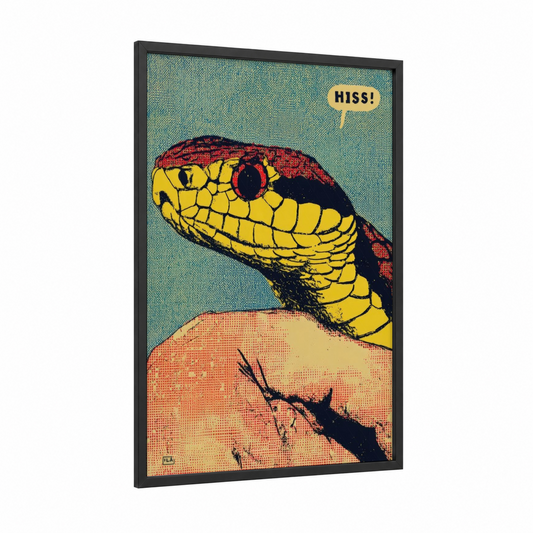Hissing Viper framed art print — black wood frame — yellow gold and red palette