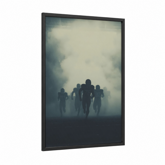 Misty Football Charge framed art print — black wood frame — gray and white and dark blue palette