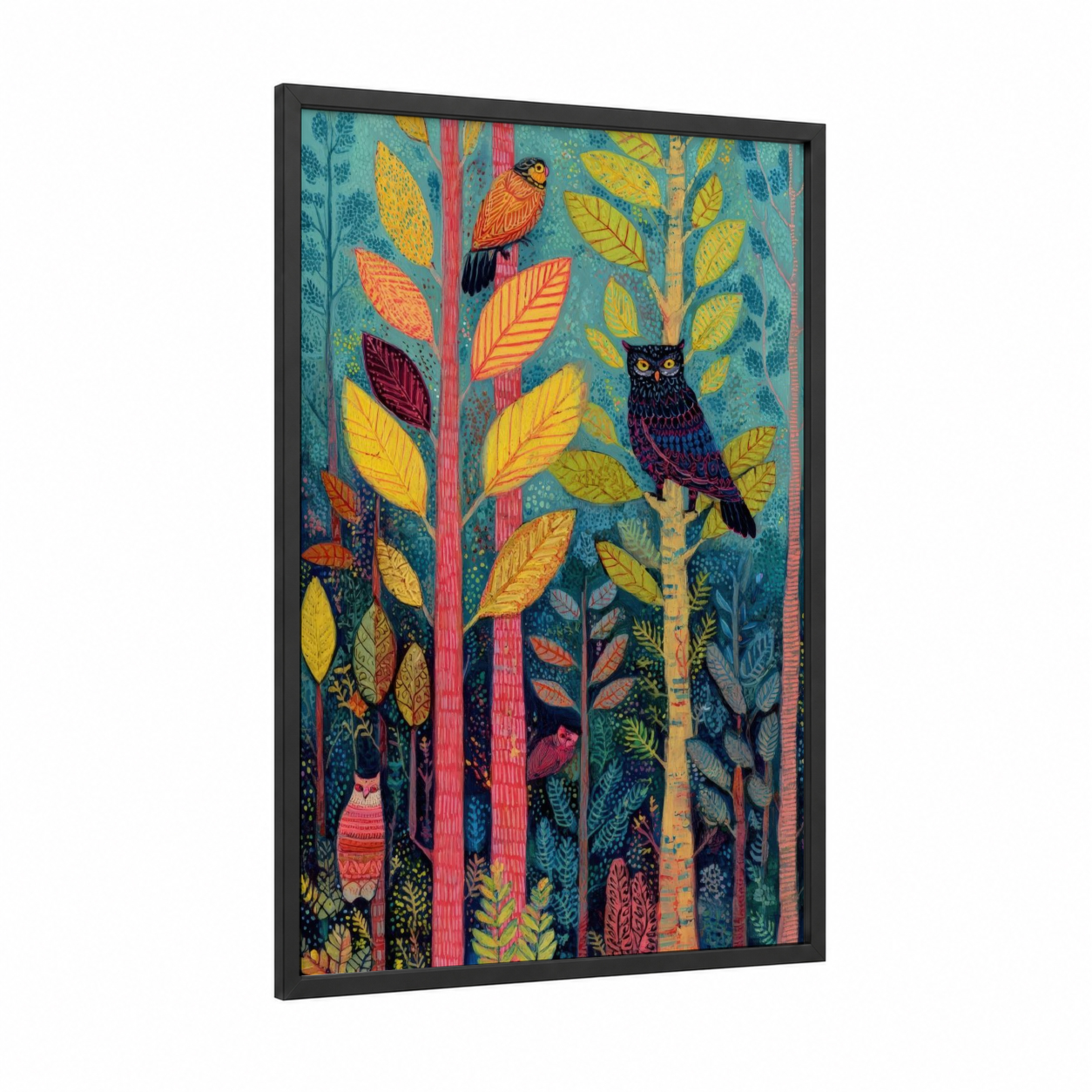 Forest Canopy Sanctuary framed redwood tree print — black wood frame — teal and gold palette