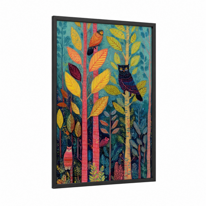 Forest Canopy Sanctuary framed redwood tree print — black wood frame — teal and gold palette