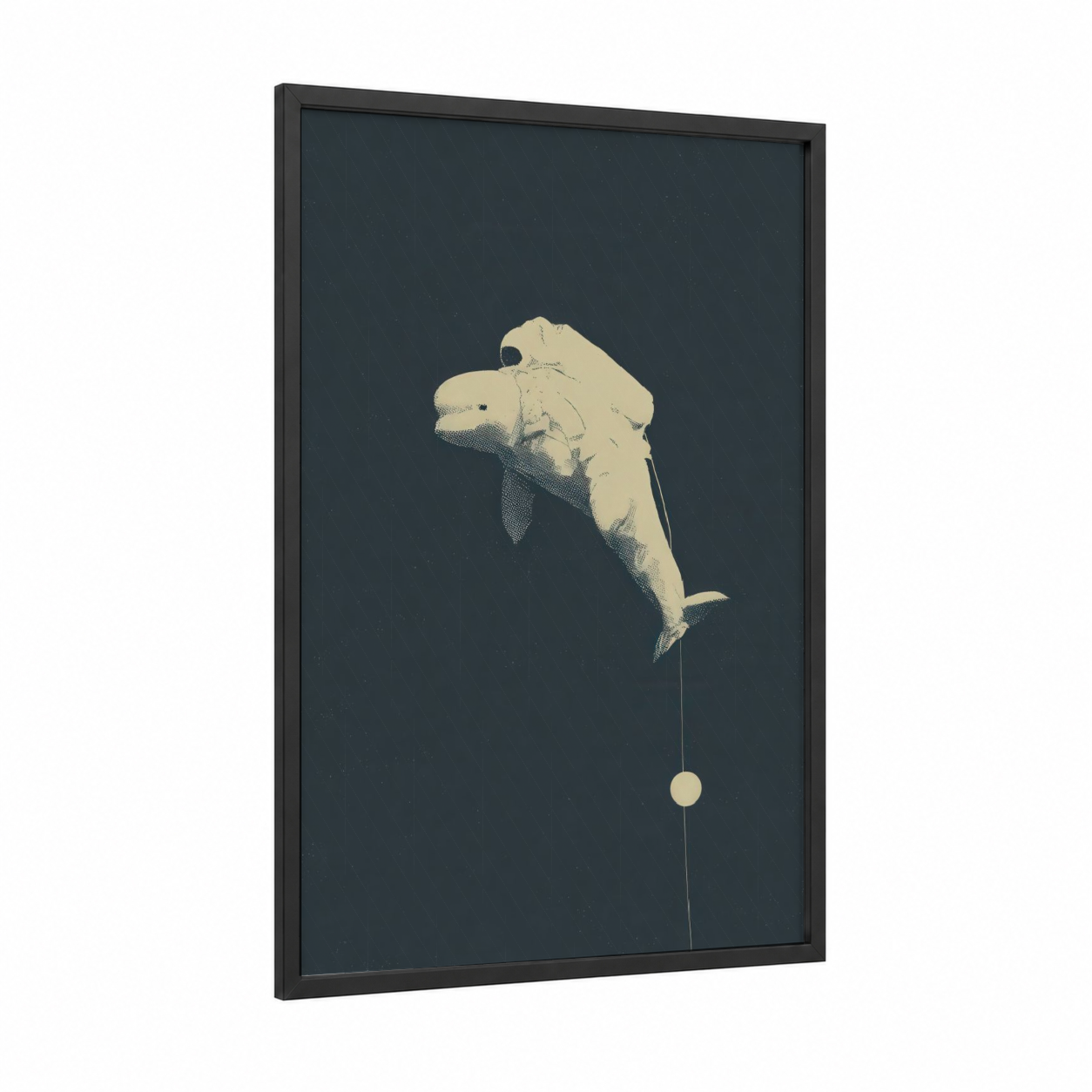 Minimalist Beluga framed beluga whale print — black wood frame — cream and dove gray palette