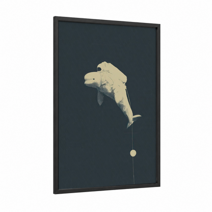 Minimalist Beluga framed beluga whale print — black wood frame — cream and dove gray palette