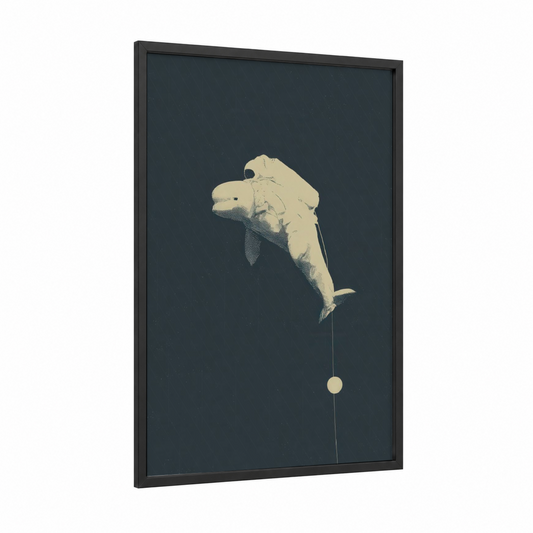 Minimalist Beluga framed beluga whale print — black wood frame — cream and dove gray palette