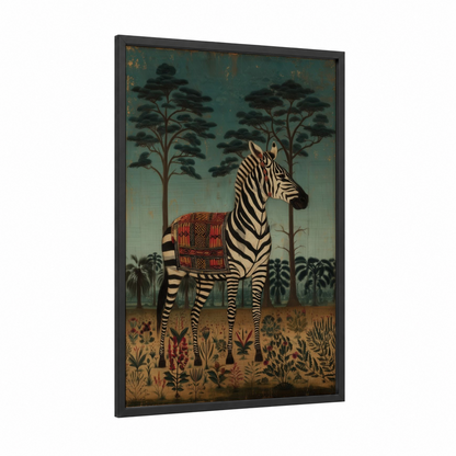 Ornate Zebra framed art print — black wood frame — teal palette