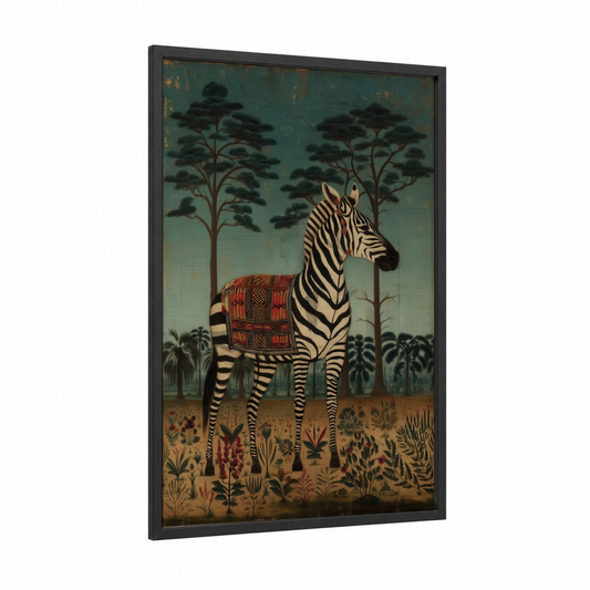 Ornate Zebra framed art print — black wood frame — teal palette