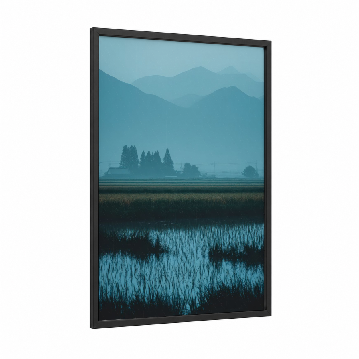 Misty Grain Valley framed art print — black wood frame — blue and gray palette