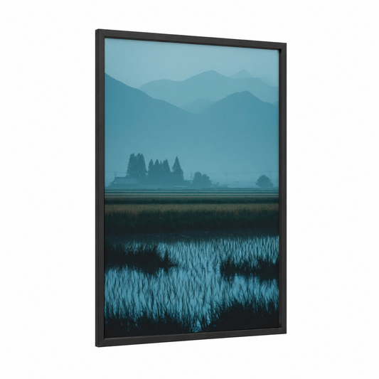 Misty Grain Valley framed art print — black wood frame — blue and gray palette