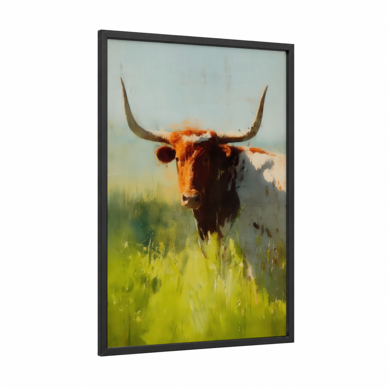 Golden Longhorn framed longhorn cow print — black wood frame — gold and true green palette
