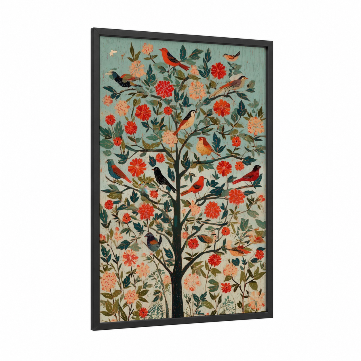 Songbird Dogwood framed art print — black wood frame — red and sage green palette