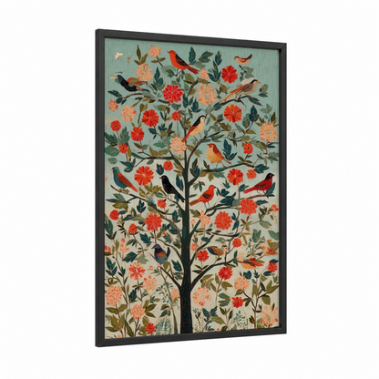 Songbird Dogwood framed art print — black wood frame — red and sage green palette