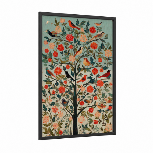 Songbird Dogwood framed art print — black wood frame — red and sage green palette
