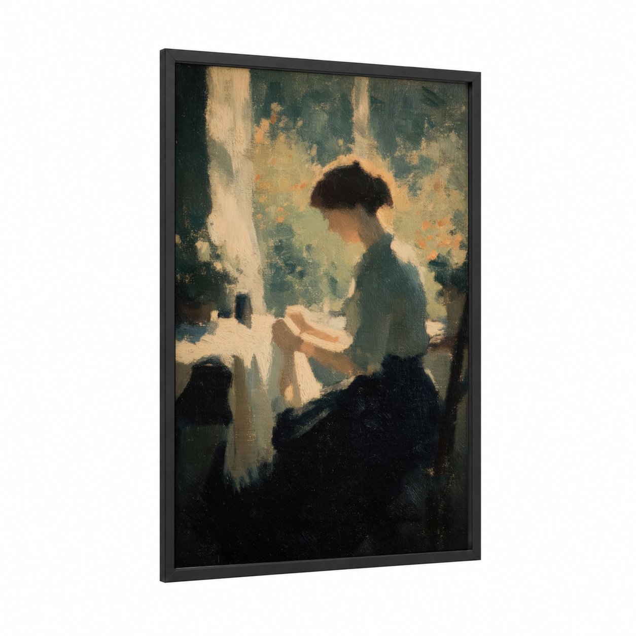 Quiet Needlework framed knitting and sewing print — black wood frame — gold and gray palette
