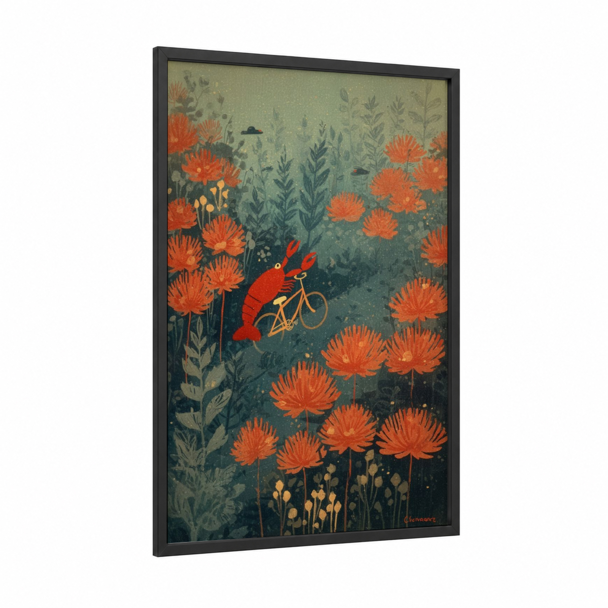 Cycling Lobster framed art print — black wood frame — orange and sage green palette